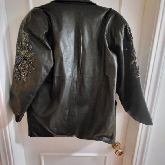 VTG S. Ajita Genuine Leather Oversized Jacket - Medium - Sequined Sleeves - Picture 4 of 12